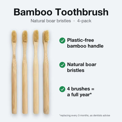 Bamboo boar bristle toothbrush 4-pack