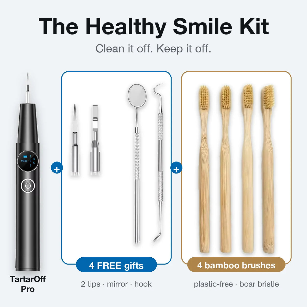 The Healthy Smile Kit - TartarOff Pro, 4 free gifts and 4 bamboo brushes (Black)
