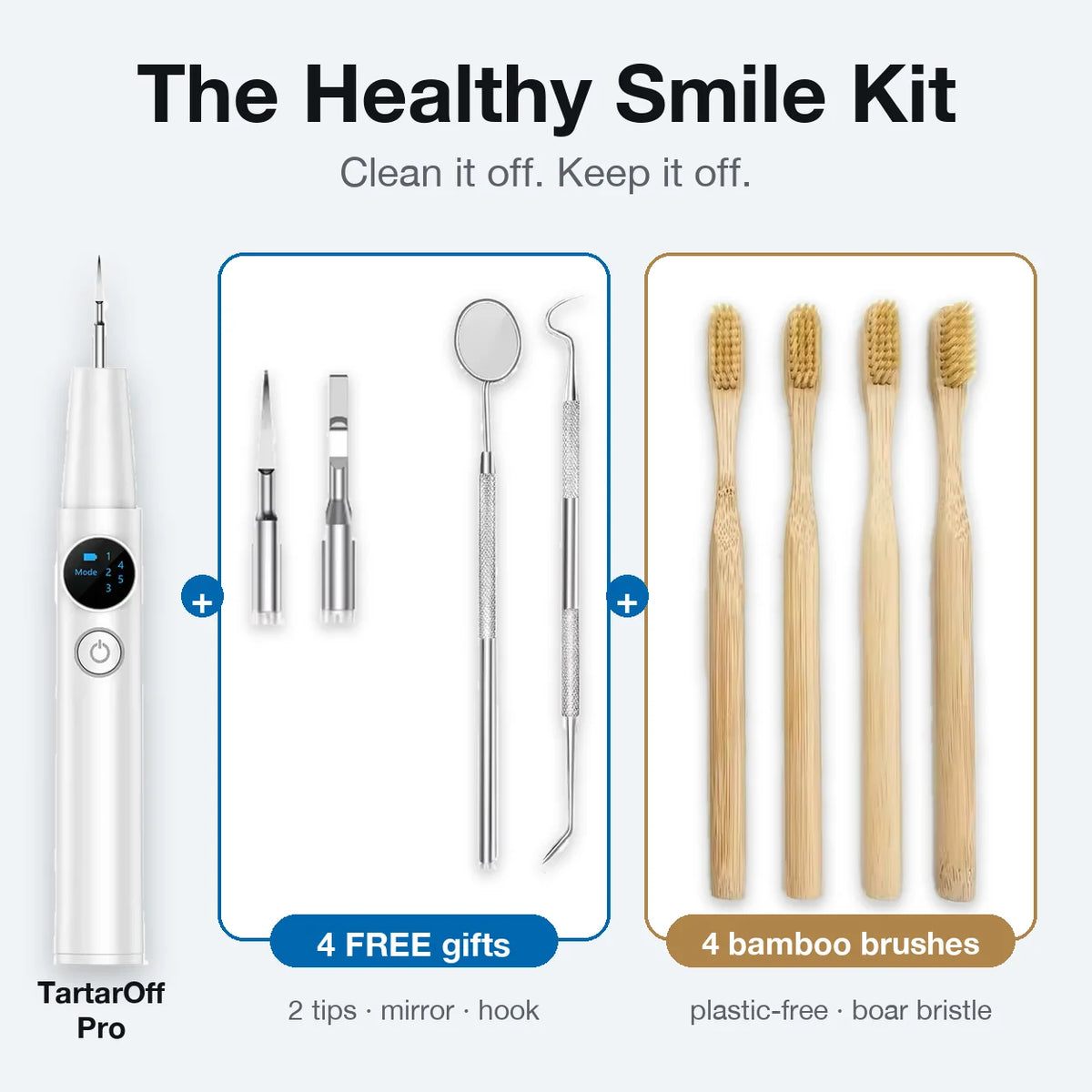 The Healthy Smile Kit - TartarOff Pro, 4 free gifts and 4 bamboo brushes (White)