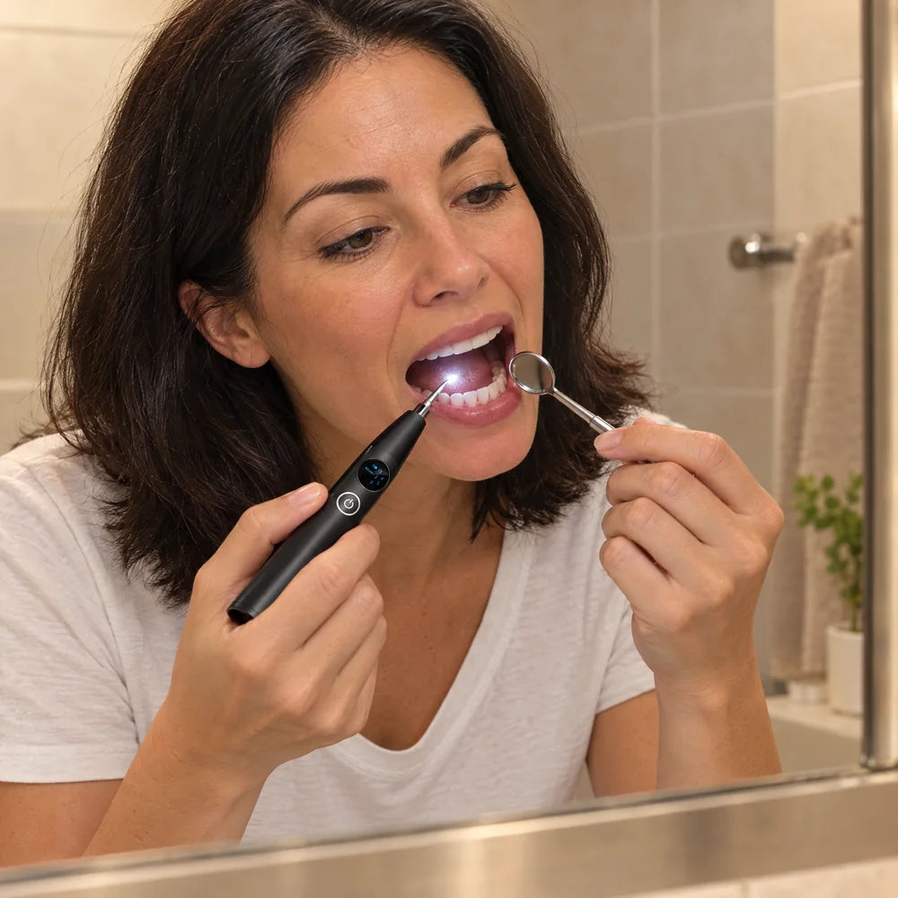 Using the LED light and dental mirror to see behind the teeth